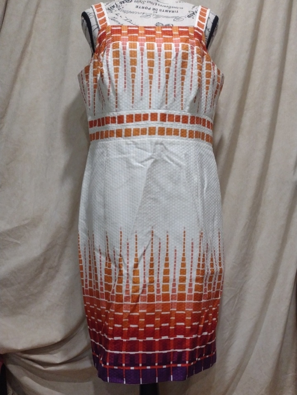 White Gradient Mosaic Sheath Dress with Orange and Purple Accents
